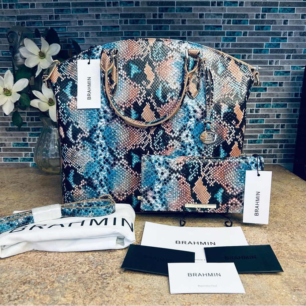 Brahmin Multicolor Snakeskin-Print Satchel with Matching Wallet